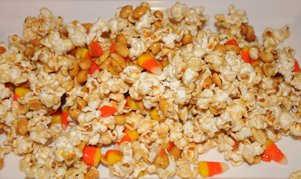 caramel popcorn with candy corn and peanuts